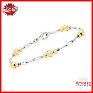 Sterling Silver Gold Overlay Paper Clip Bead Bracelet 7 Inch